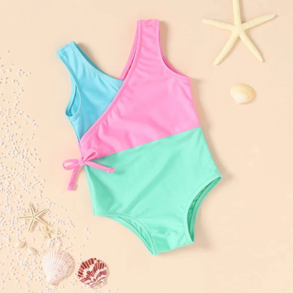 YOUNGER Toddler TREE Girl One Piece Swimsuit Color Block Stripe Swimwear 7-8T